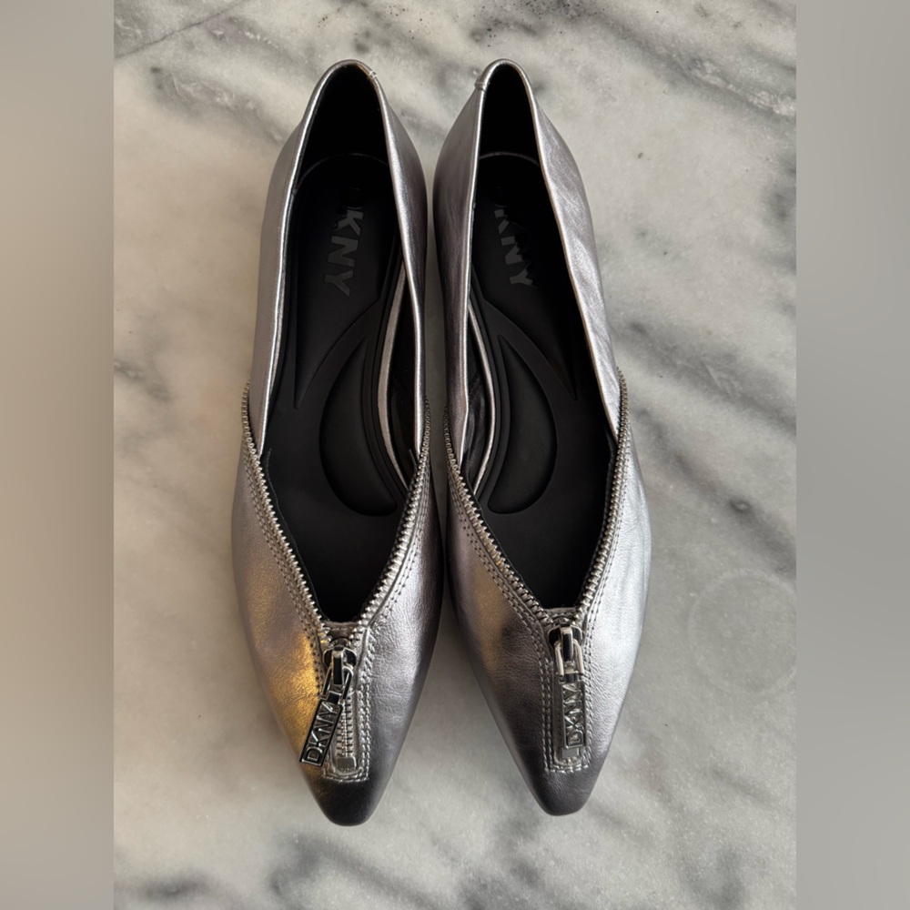 SOLD Leather DKNY Metallic Silver Flats for Women size 6 Not Worn